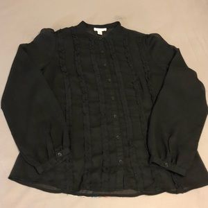 LOFT Button Up Sheer Black Blouse With Fabric Design on Back Size 14